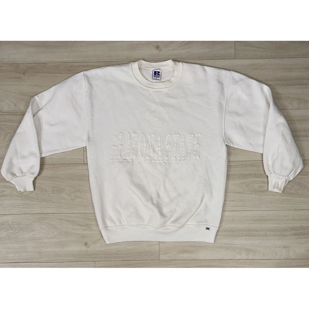 VTG 90s Russell Athletic ASU Arizona State Faded White Crewneck Sweatshirt L
